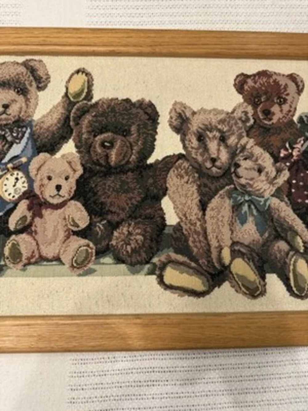 Vintage 90s Dakotah Woven Tapestry Textile Teddy Bears Handmade Oak Frame 36x16